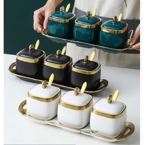 Nordic light luxury ceramic sugar bowl seasoning pot household salt shaker seasoning box kitchen supplies seasoning bottle