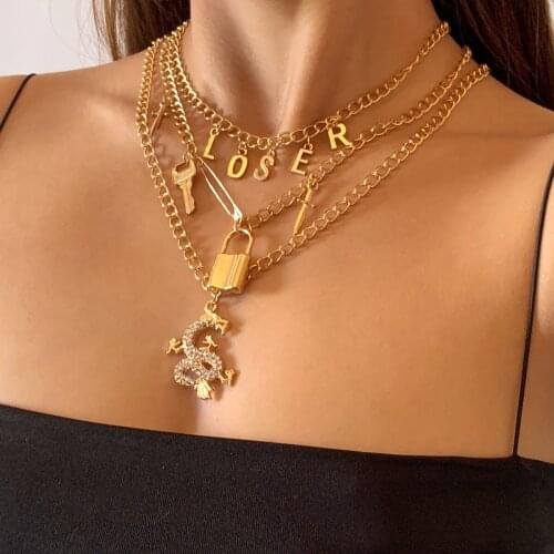 New Punk Gothic Crystal Dragon Padlock Pendant Necklaces for Women Men Gold Color Jewellery Multilayer Mascot Lucky Symbol Gifts