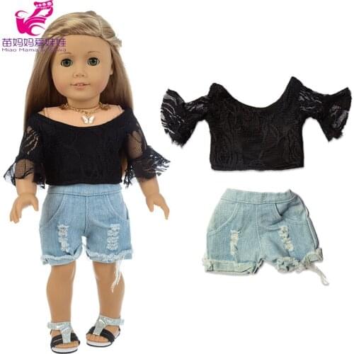 18 inch doll clothes shirt denim short 40cm baby doll black vest and jeans short pants toys doll outfit