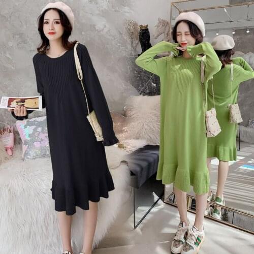 EHQAXIN Autumn Winter Women Knitted Dresses New Fashion Plus Size Wood Ear Pleated Ruffle Elegant Sweater Dress For Female M-2XL