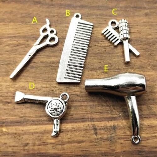 10pcs Hairdressers Gift Comb Scissors Hair Dryer Charms Tibetan Silver Plated Pendants Antique Jewelry Making DIY Handmade Craft