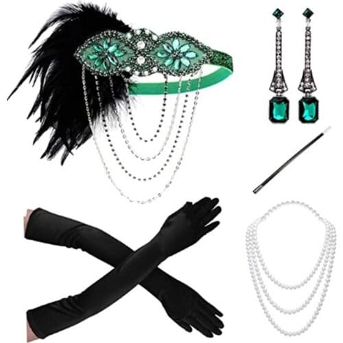 5Pcs/set Women 1920S Headband The Great Gatsby Cosplay Stage Performance Retro Feather Headband Necklace Earring Accessories Set