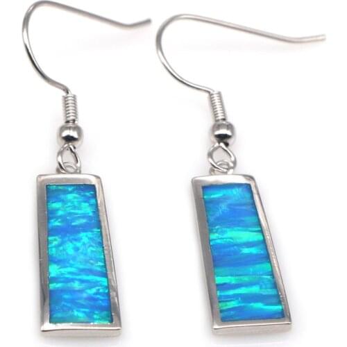 RH0061 Simple Rectangular Blue Opal Drop Earrings Womens Jewelry Gifts