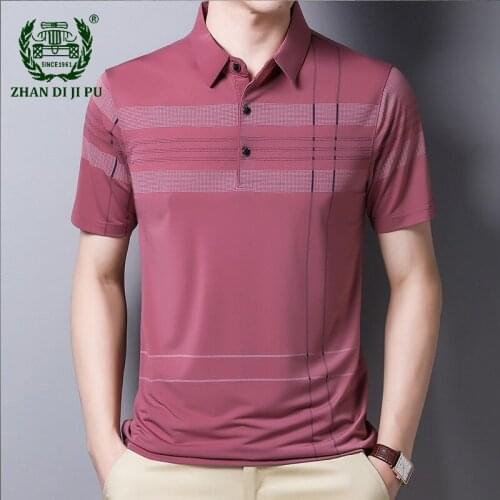 New Summer Short Sleeve Polo Shirt for Men Stripe Printed Business Casual Lapel Loose Thin Comfortable Breathable Mens T-Shirts
