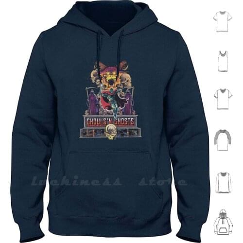 Ghouls'n Ghosts Hoodies Long Sleeve Ghouls Ghost Goblins Magic Death Skull Demon Devil Bats Crypt Keeper Knight Sword