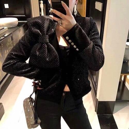 Glam Shiny Beads Exaggerated Bowknot Applique Velvet Jacket All-Over Diamond Embossed Button Fitted Crop Date Night Club Jacket
