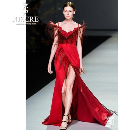Jusere Red Fashion High Split Mermaid Evening Dresses Feathers Decor Formal Dress Party Dress 2019 Real Pictures