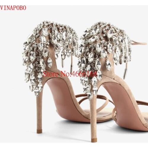 VINAPOBO Women Gladiator Sandals Sexy Ctystal Black Rhinestones Strap Sexy Fashion Stiletto High Heels sandals wedding shoes