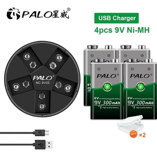 PALO rechargeable 9V battery charger 5 slots usb 9V 6f22 charger+2-8pcs 9V nimh rechargeable batteries 9V battery