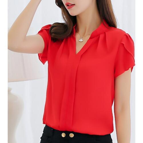 Women White Shirt Female Short Sleeve Shirt V-Neck Casual Chiffon Blouse Ladies Tops Workwear Plus Size 3XL Summer Autumn