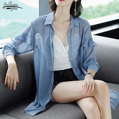 Spring and Autumn Sun-Proof Clothing Summer Mid-Lengt Shirt Womens Long Sleeve Jacket Thin Chiffon Cardigan Outdoor Shawl 9883