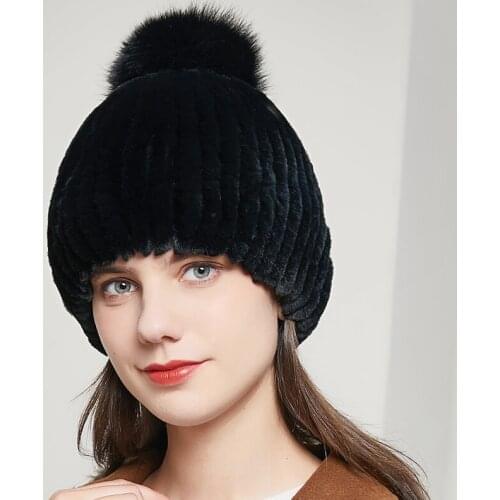Womens winter real natural rex rabbit fur hat ladies elastic warm hand knitted big fox fur ball beanie hat Russia hot sale