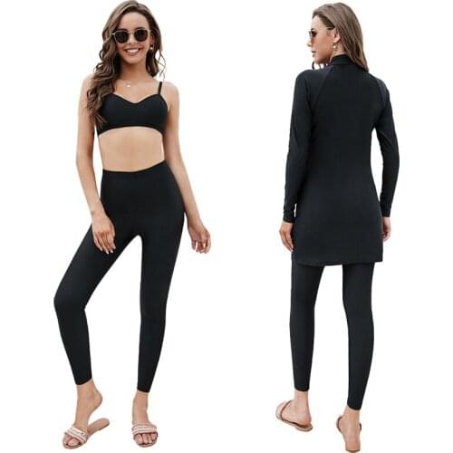 Plus Size Full Black Women Muslim Swimwear Swimsuit Burkini Modest Three-Piece Set Moslem Muslem Maillot De Bain 2021 New