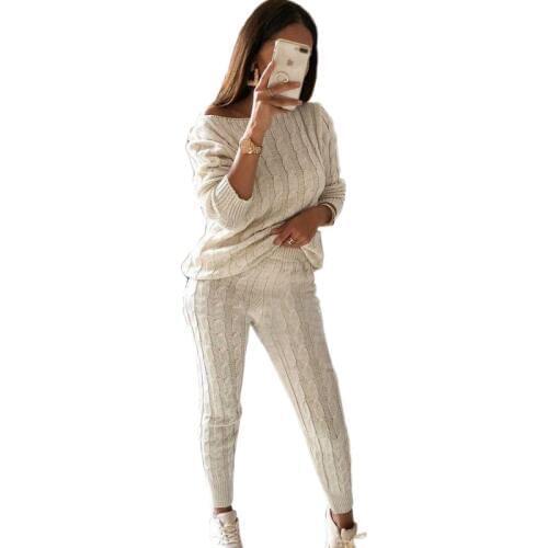2019 knitted suit Womans Solid Slash Neck Sweater + long Knitted pants Sets Winter Warm Suits two 2 piece set outfits for women