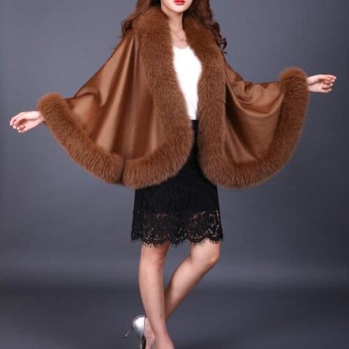 Womens Brown Pashmina Cashmere Coat Shawls With Fur Wool Scarf Fox Fur Trim Collar Poncho Wrap Outwear Real Fur
