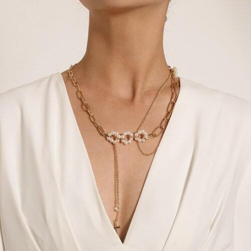 Fashion Pearl Flower Cross Necklace Pendant Women Multilayer Personality Statement Thick Choker Chain Necklace Collar Jewelry