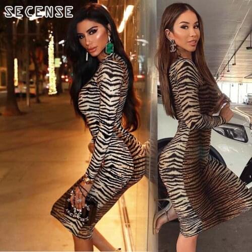 Leopard Print Dress Long Sleeve o Neck Bodycon Tiger Pattern Midi Mini Dress Streetwear Party For Women Clothing SECENSE