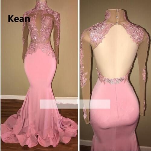 Pink Mermaid Prom Dresses Satin Full Sleeve Backless Illusion Party Dress Prom Gown Evening Dresses Robe De Soiree vestidos