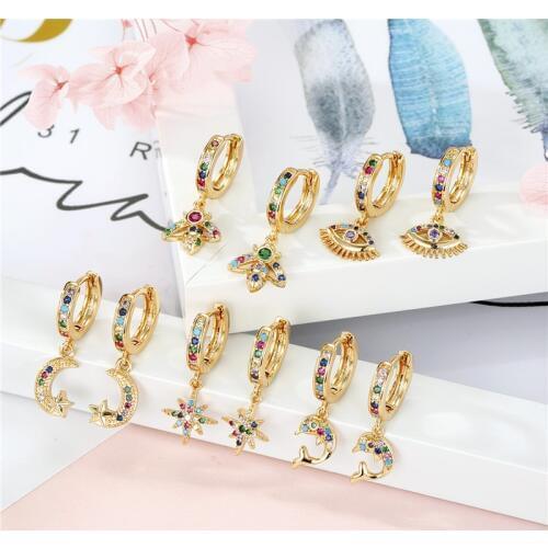 1Pair Bohemian Rainbow Zircon Moon Evil Eye Hoop Earrings For Women New Cute Gold Color Circle Bee Dolphin Earrings Jewelry E734