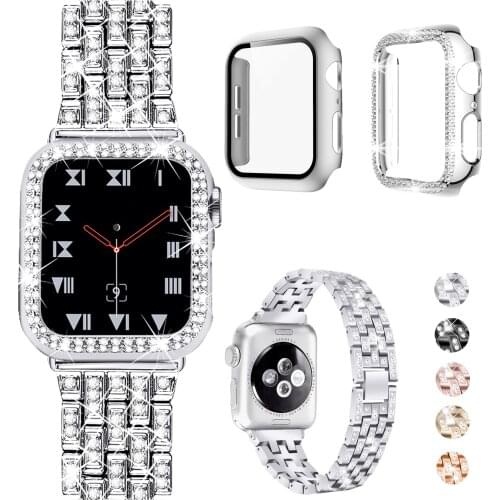 Diamond Case+Strap For Apple Watch Band 42mm 38mm 40mm 44mm Women Metal Stainless Steel Bracelet for iwatch series SE 6 5 4 3 2