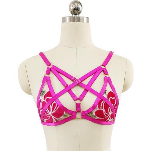 Embroidery Flower Harness Bra Red Women Sexy Lingerie Wirefree Bralette Cross adjustable Crop Top Bandage Body Harness