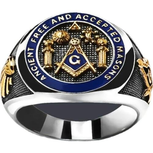Exquisite enamel color metal engraving Masonic symbol inscription mens punk jewelry ring