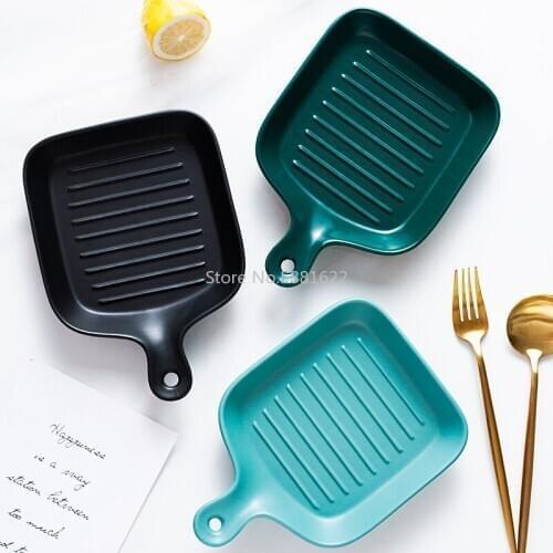 Nordic Ceramic Western Food Plate Handle Plate Baking Pan Dinner or Breakfast Plate Creative Household Tableware Dark Green