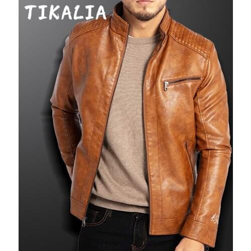 Brown Leather Jacket Mens Punk Style Motorcycle Jacket Lightweight Faux Leather Autumn Winter Mens PU Biker Jacket Slim Fit 2021