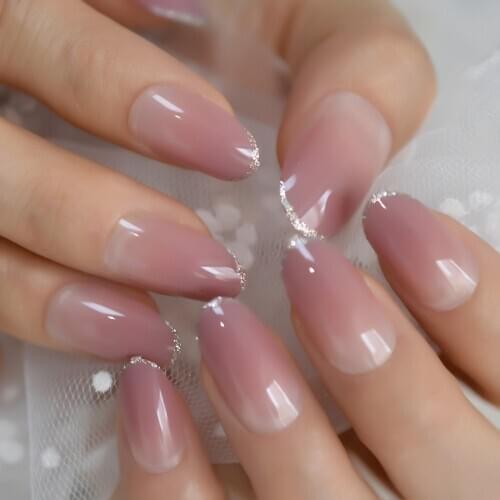 Short Ombre Pink Gradient French Press on Fake Nail Tips Shimmer Glitter Oval Round Full Cover faux ongles Daily Wear Fake Nails