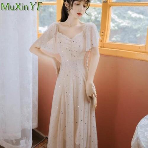 Summer Womens Dress 2021 New Fashion Sequins Mesh Chiffon Skirt French Elegant Party Dresses Female Sweet Wedding Evening Dress