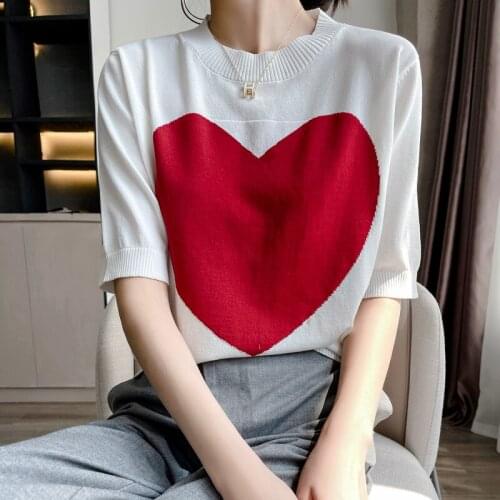Fashion Women Elegant Heart Jacquard Tops and Blouse Shirts Knit Summer Ladies Office Casual Stand Neck Pullovers Harajuku Blusa