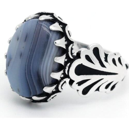 Men Rings with Natural Agate 925 Sterling Silver Prong Setting Gemstone Vintage Ring Thai Silver Turkish Handmade Fine Jewelry