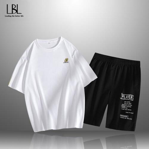 Mens Two Piece Set Running Clothes Casual Male Summer Tracksuit Quick Drying Man Fitness Suits Short Sleeve T Shirt Shorts New
