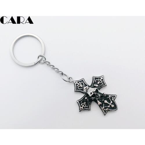 CARA New Plated 316L Stainless steel Skull cross keychains vintage silver color men gothetic cross hanging key chain CARA0529-KC