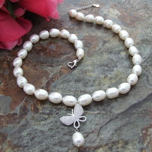 18" 10x13mm White Rice Freshwater Pearl Necklace Butterfly Zircon Pendant