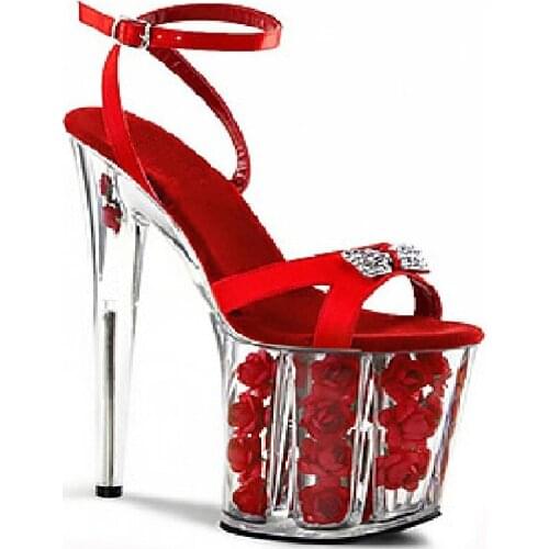 Sexy Red Rose Container Platform Lucency 20 cm Heels Womens Bowtie Patent Leather Sandals Ladies Performance Stage High Heels