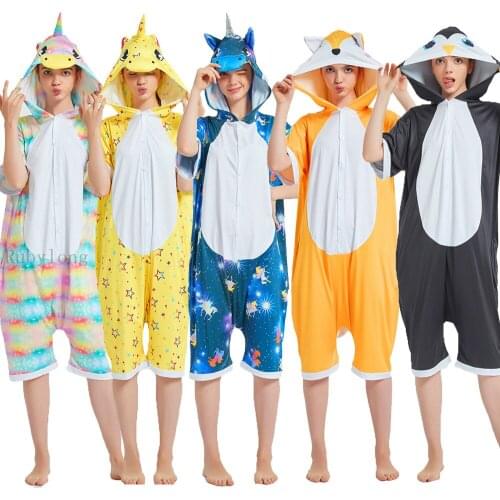 Unicorn Pajamas Adult Animal Tiger Stitch Onesie Women Couple Summer Pajamas Set Sleepwear Ice Silk Pijama Short Sleeve