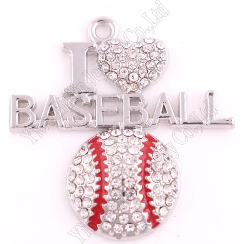 New 1.26"*1.3" inches zinc studded with sparkling crystal red enamel 2D I LOVE Baseball sports Pendants Fans Favorite Jewelry