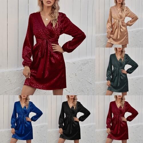 Sagace casual loose leopard V-Neck long sleeve womens dress non positioning printing tight solid color skirt 2021 vestidos de
