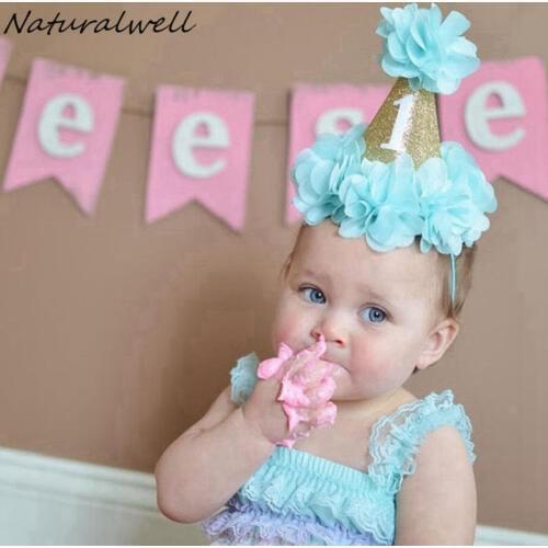 Naturalwell Baby Girls 1 Year Birthday Crown Flowers Headbands Slim Hairband For Little Girls 1st Birthday Party Gift HB217S