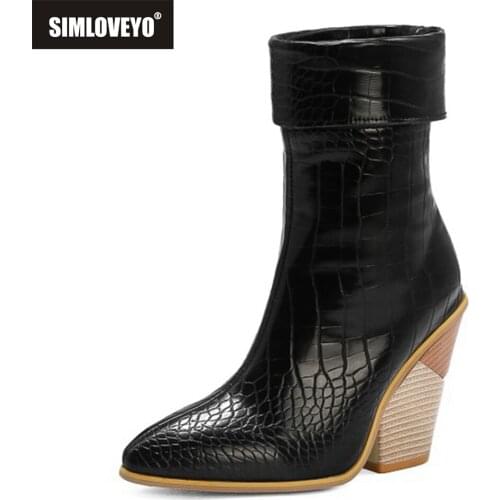 SIMLOVEYO Shoes women Ankle boots Pointed toe Fashion Snake Sexy Female Spring Autumn Strange style Lady Party Turned-over edge