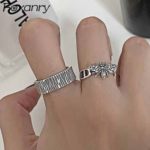 Foxanry 925 Sterling Silver Cute Bee Rings New Fashion Creative Wide Irregular Pattern Geometric Vintage Punk Party Jewelry Gift