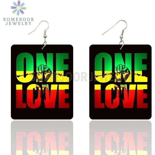 SOMESOOR Africa Colors One Love Square Wooden Drop Earrings Powerful Black Geometric Pendant Dangle Jewelry For Women Gifts