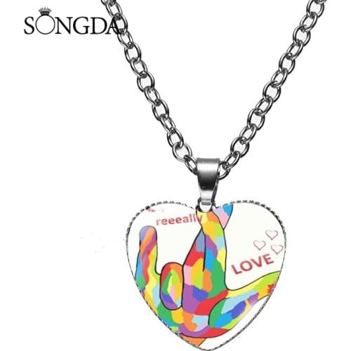 Rainbow Hearts Flowers Heart Shape Glass Dome Pendant Necklace Love Your Gestures Choker Chain Cabochon Necklace For Gift