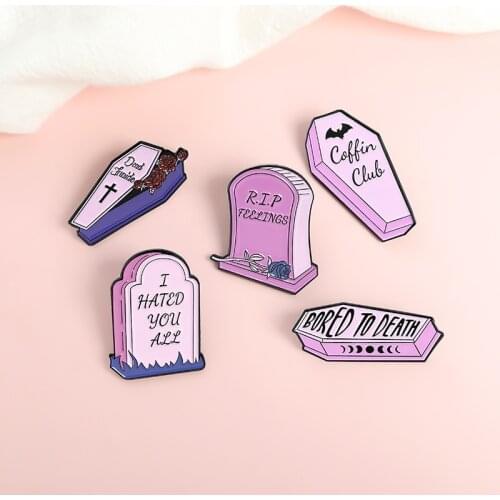 Funny Quote Lapel Pin Gothic Floral Skull Coffin Enamel Pins Pink Gravestone Headstones Badges Vampire Dracula Jewelry Wholesale