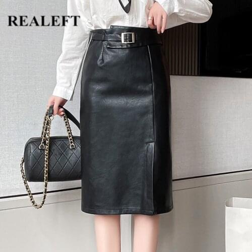 REALEFT 2021 New Womens Black PU Leather Wrap Skirts Sashes Autumn Winter High Waist Front Split Womens Midi Skirts Female