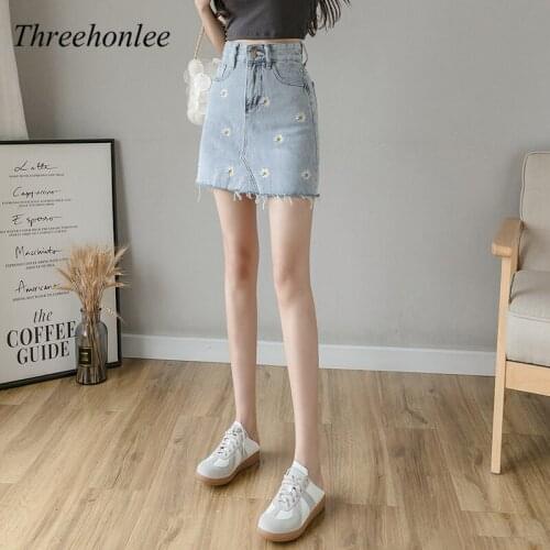 2021 Summer New Korean Women Denim Skirt Fashion Casual Embroidery Small Daisy Skirt A-line Slim Mini Short Skirt