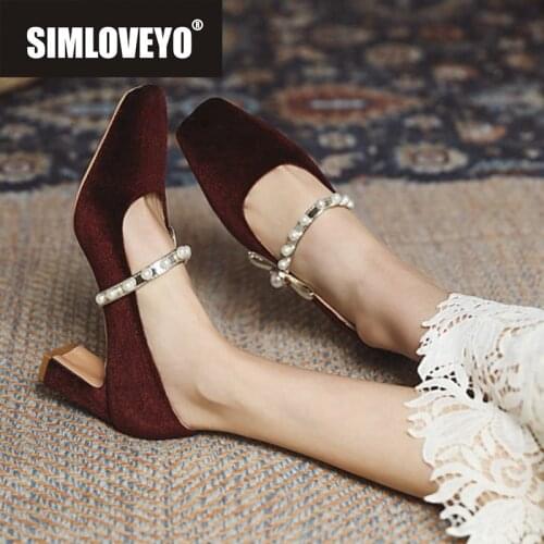 SIMLOVEYO New 2021 Women Pumps Square Toe 7cm Block Heels Flock Buckle Pearl Elegent Stylish Vintage Big Size 48 Casual A3830