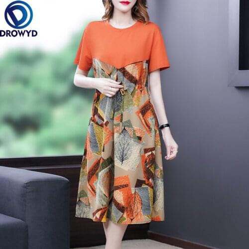 Fashion Elegant Women Dresses Summer Ladies O-Neck Short Sleeved Loose Floral Printed Dress Female Vintage Party Robe Vestidos