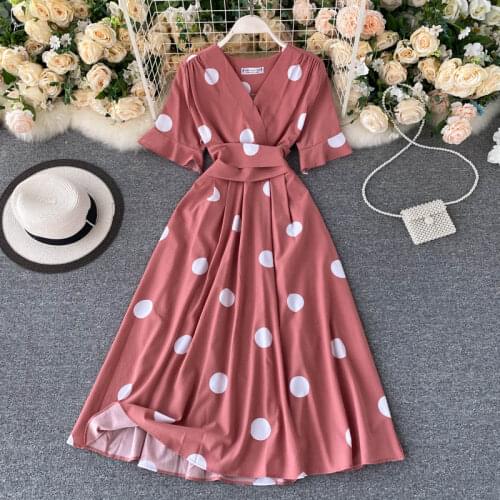 FMFSSOM Summer Spring V-Neck Big Polka Dot Belt Sahes Multi Color Women Female A-line High Waist A-line Midi Dress